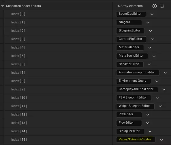 Screenshot of the Supported Asset Editors section with PaperZD entry